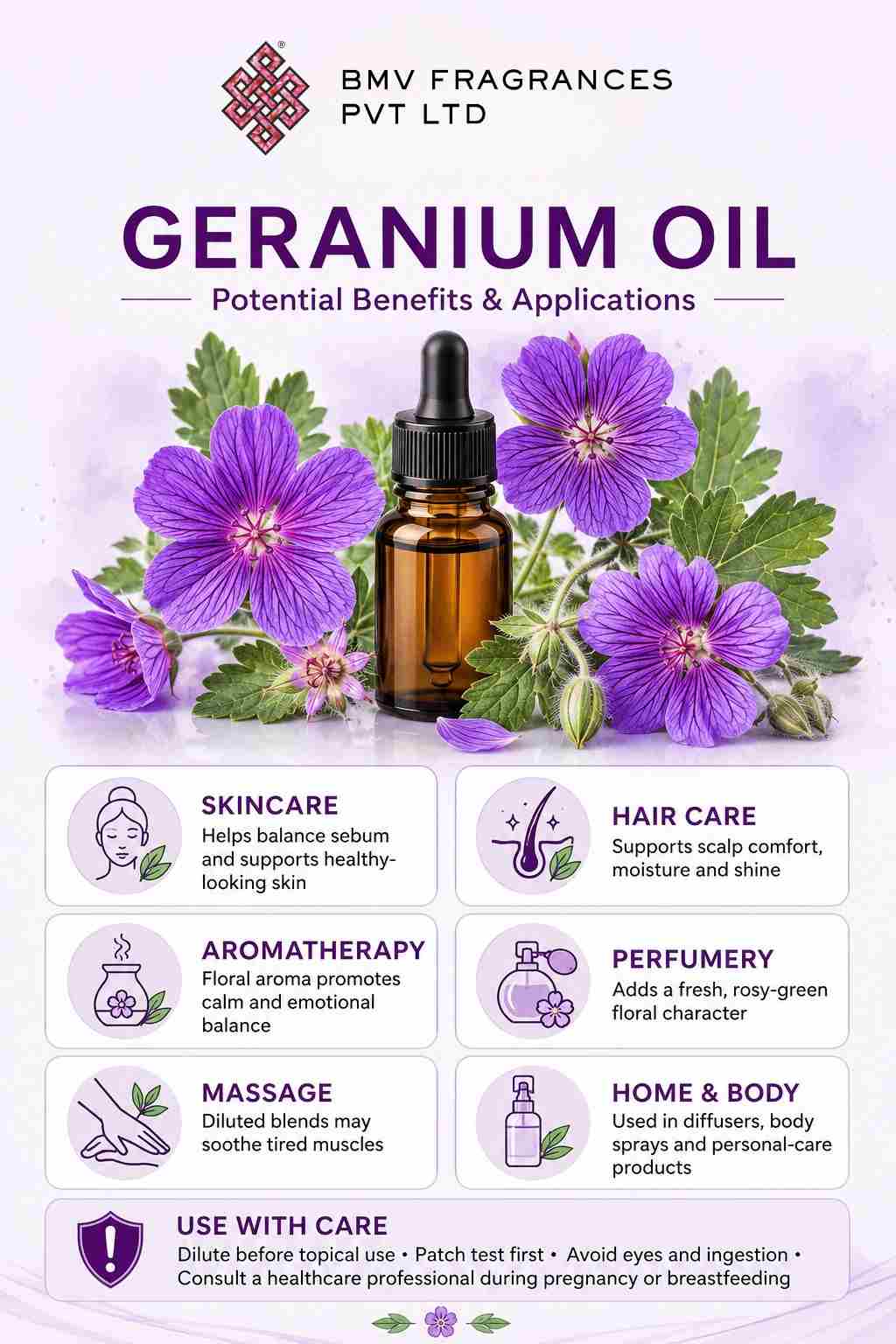 Geranium essential oil benefits and applications in skincare, hair care, aromatherapy, perfumery, massage, and personal care